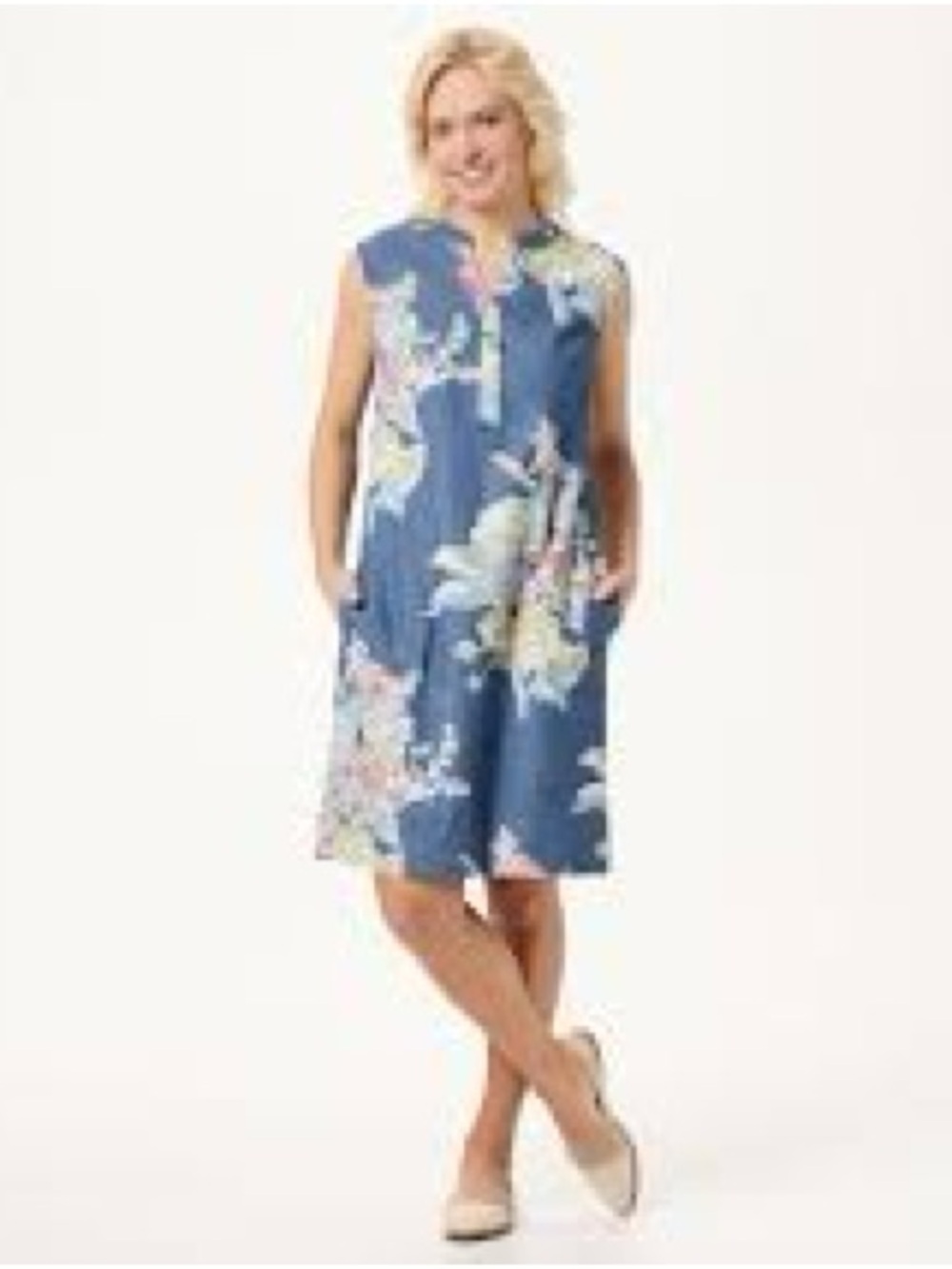 Denim&Co Wms Blue Cotton Stretch Floral Sleeveless Preppy Casual Summer Dress S - Picture 3 of 13